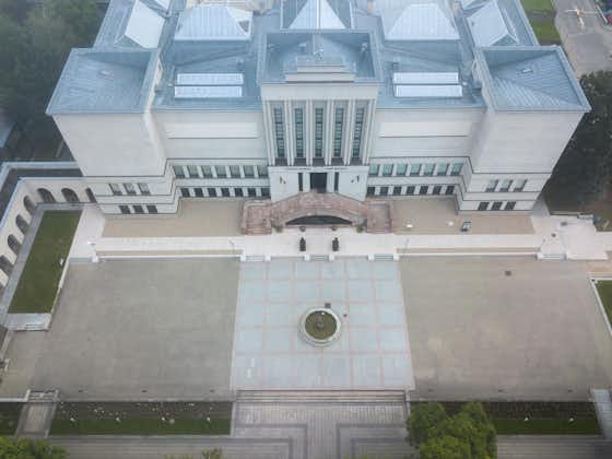 Aerial view of Vytautas the Great War Museum in Kaunas. Kaunas is the second-largest city in Lithuania and has historically been a leading centre of economic, academic, and cultural life