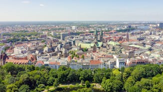 Photo of aerial view of the new town hall and the Johannapark at Leipzig, Germany.