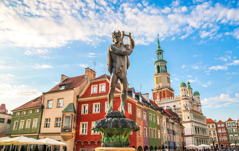 Photo of fountain with statue of Apollo in old town square. Poznan. Poland.