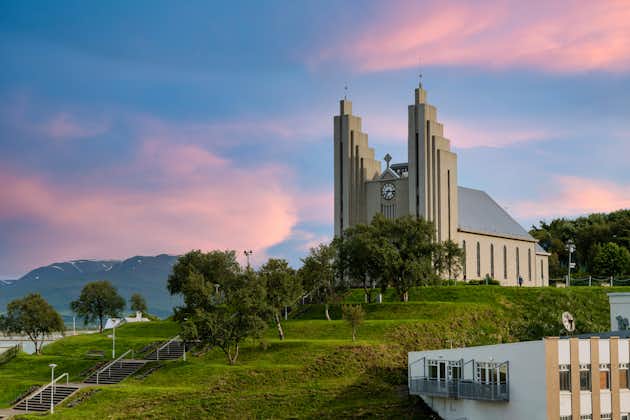 Lutheran Church of Akureyri during golden hour