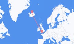 Flyreiser fra byen Saint Peter Port, Guernsey til byen Akureyri, Island