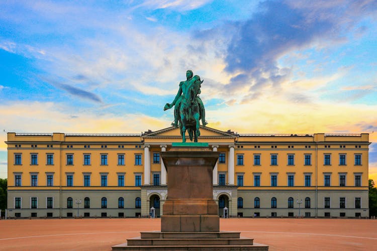 Panorama of the Royal Palace and Statue of King Karl Johan at Sunset, Oslo, Norway.