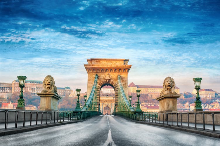 Photo of the chain bridge in Budapest, Hungary.