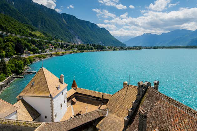Photo of beautiful view from Chillon Castle to Lake Geneva, Switzerland, Incredible landscape.