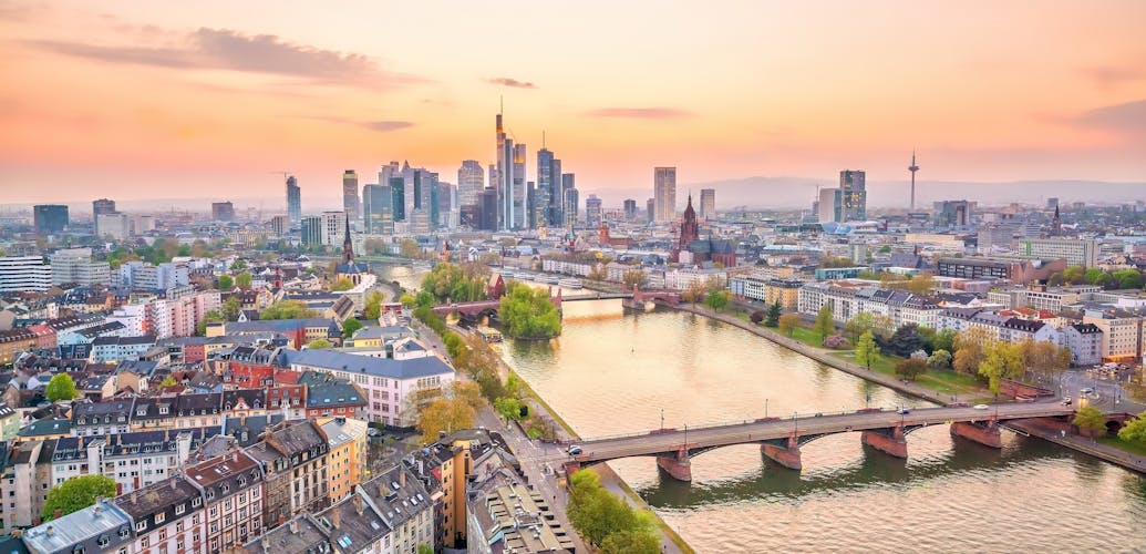 Photo of view of Frankfurt city skyline in Germany at twilight from top view.