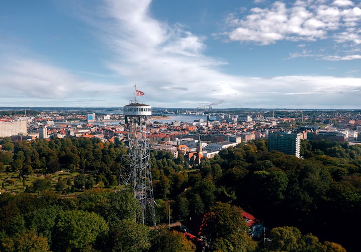 Panoramic aerial summer cityscape of Aalborg (North Jutland, Denmark), with Aalborg Tower.