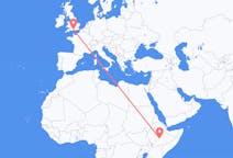 Flyrejser fra Goba, Etiopien til Southampton, England