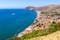 Photo of panoramic aerial view of Skala popular touristic destination in Lesvos island, Aegean sea, Greece.