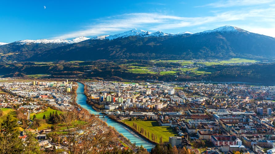Photo of Innsbruck, Austria: wide angle aerial panorama of most popular Austrian city and capital of western state of Tyrol.