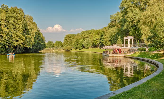 Photo of landscape with the river Svisloch in the Victory Park in Minsk, Belarus.