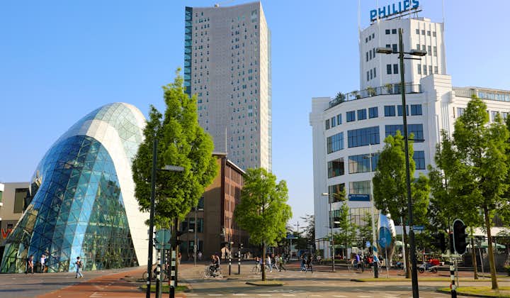 EINDHOVEN, NETHERLANDS - JUNE 5, 2018: Day view of the old Philips factory building and modern futuristic building in the city centre of Eindhoven, Netherlands