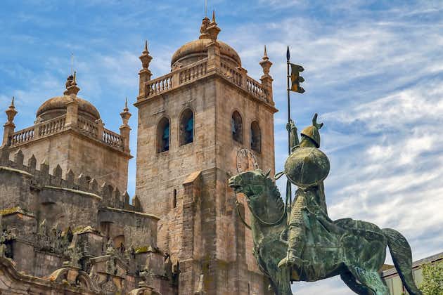 Photo of Porto Cathedral or Se Catedral do Porto and horseman statue,Portugal.