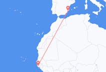 出发地 塞内加尔济金绍尔目的地 西班牙阿利坎特的航班