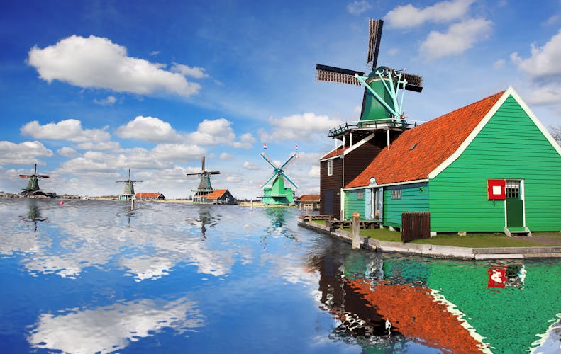 Traditional Dutch windmills with canal close the Amsterdam, Holland