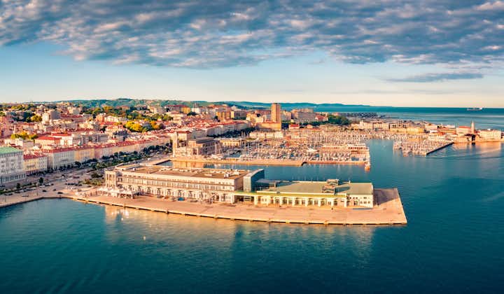 View from flying drone of quay of Trieste city, Italy, Europe. Panoramic morning view of Tourist attraction - Cruise Pier Trieste with Molo Teresiano on background. Traveling concept background.