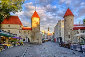 Scenic summer view of the Old Town and sea port harbor in Tallinn, Estonia.