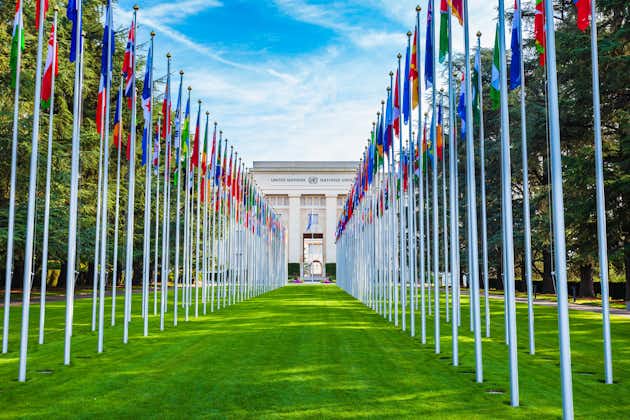photo of National flags at the entrance in Palace of Nations at Geneva, Switzerland.