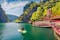 Tourist kayaking on the Matka Canyon. Picturesque morning scene of North Macedonia, Europe. Traveling concept background.