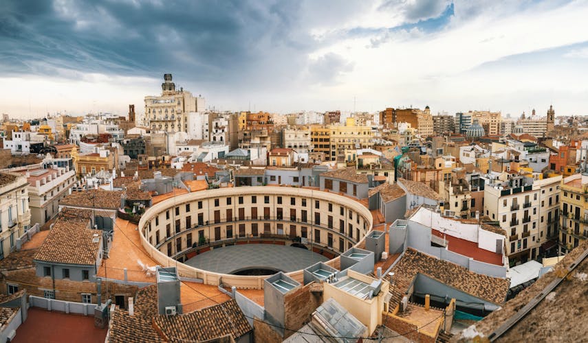 Photo of aerial panoramic view of the old town in Valencia from Santa Caterina tower, Spain.