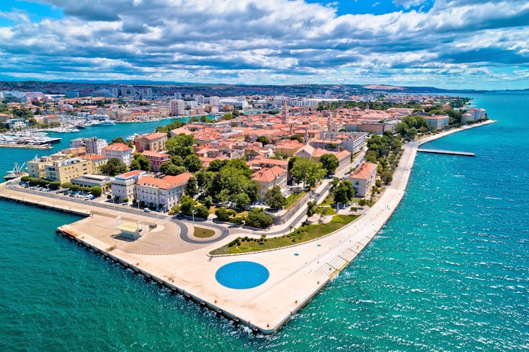 Photo of Town of Zadar historic peninsula panoramic aerial view.