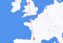 Flyg från Manchester, England till Lourdes (kommun i Brasilien, São Paulo, lat -20,94, long -50,24), Frankrike
