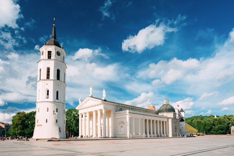 Photo of Vilnius, Lithuania. View Of Bell Tower And Facade Of Cathedral Basilica Of St. Stanislaus And St. Vladislav On Cathedral Square.