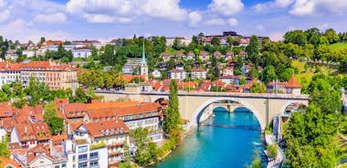 Bern, Switzerland. View of the old city center and Nydeggbrucke bridge over river Aare.