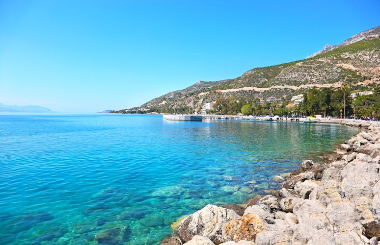 Photo of beautiful landscape with beautiful beach and blue sky of Loutraki Corinthia Greece, famous summer destination.