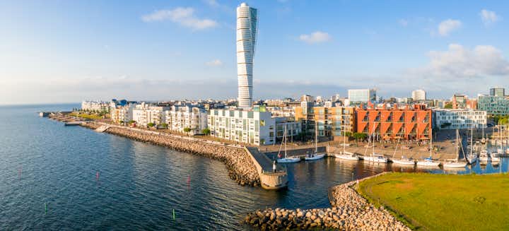 Beautiful aerial view of the Vastra Hamnen (The Western Harbour) district in Malmo, Sweden.