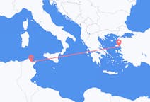 Vluchten van Tunis, Tunesië naar Mytilini, Griekenland
