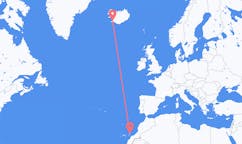 航班从西班牙兰萨罗特岛市到雷克雅维克市，冰岛塞尔