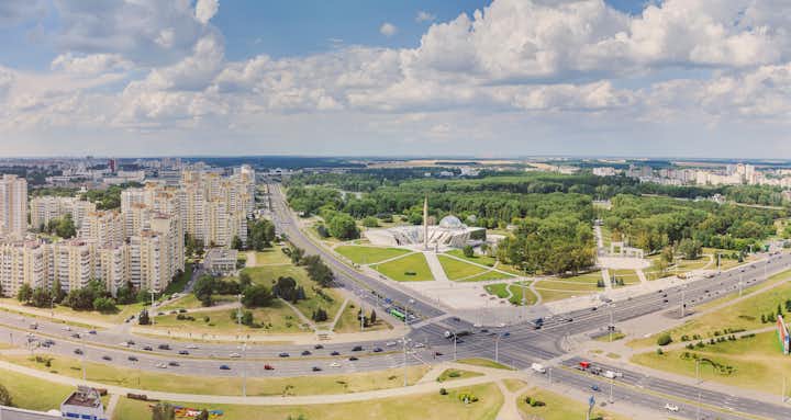 Photo of aerial view of Hero City and Belarusian Great Patriotic War Museum - in honor of awarding the city of Minsk the title of hero city. Minsk, Belarus.