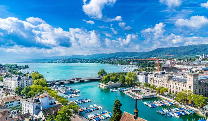 Photo of aerial view of Zurich city center and lake Zurich.